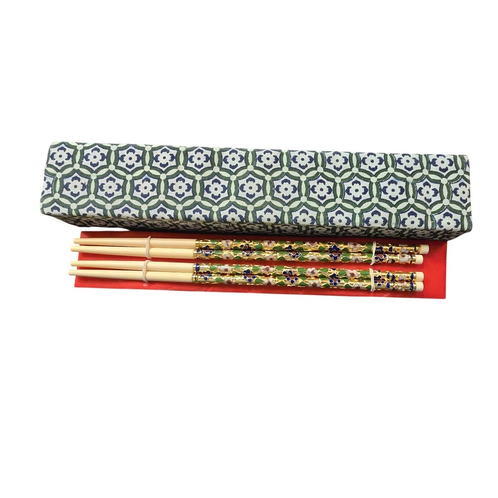 Vintage Cloisonne Enamel Floral Chopsticks Set‎ 2 Pairs with Gift Box Gold Blue